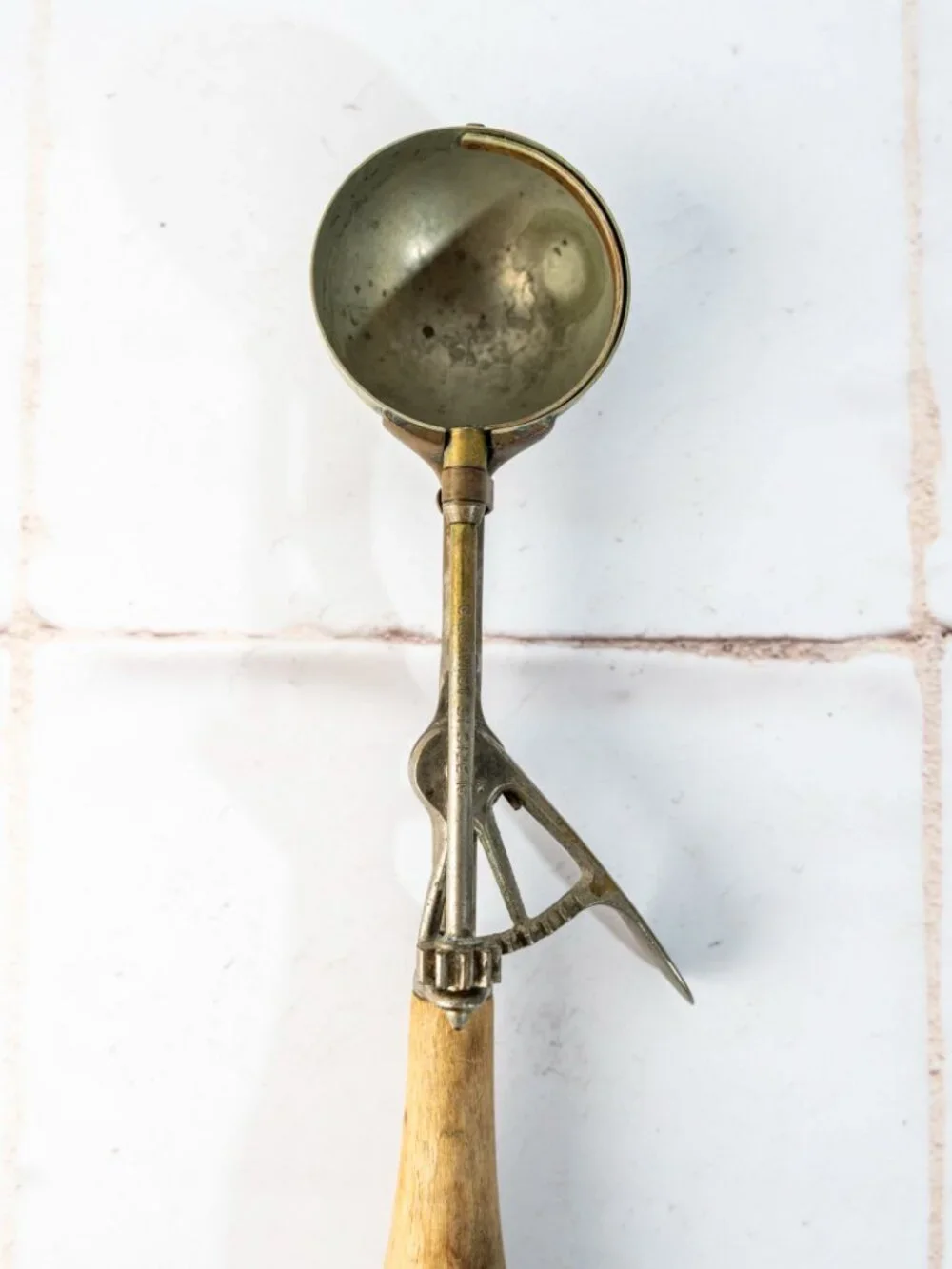 Antique Tarnished Metal with Wood Handel Ice Cream Scoop
